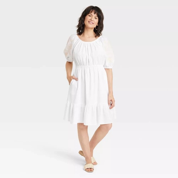 Knox Rose | Boho Embroidered Floral Puff Sleeve Dress in White Size XXL - Picture 3 of 13